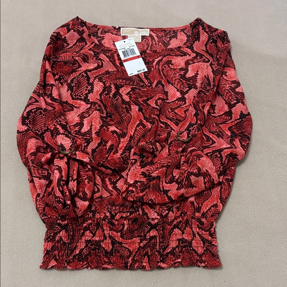 Michael Kors Women Red Coral Brown Animal Print Swirl Blouse Modern Stylish Top